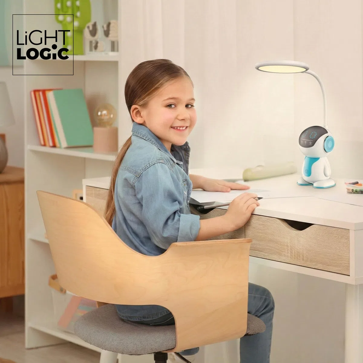Schreibtischlampe LED für Büro und Zuhause – Dimmbar Touch Tischlampe mit Nachtmodus-Funktion - 10W Bürolampe für Kinderzimmer, Schreibtischleuchte Bunter Roboter