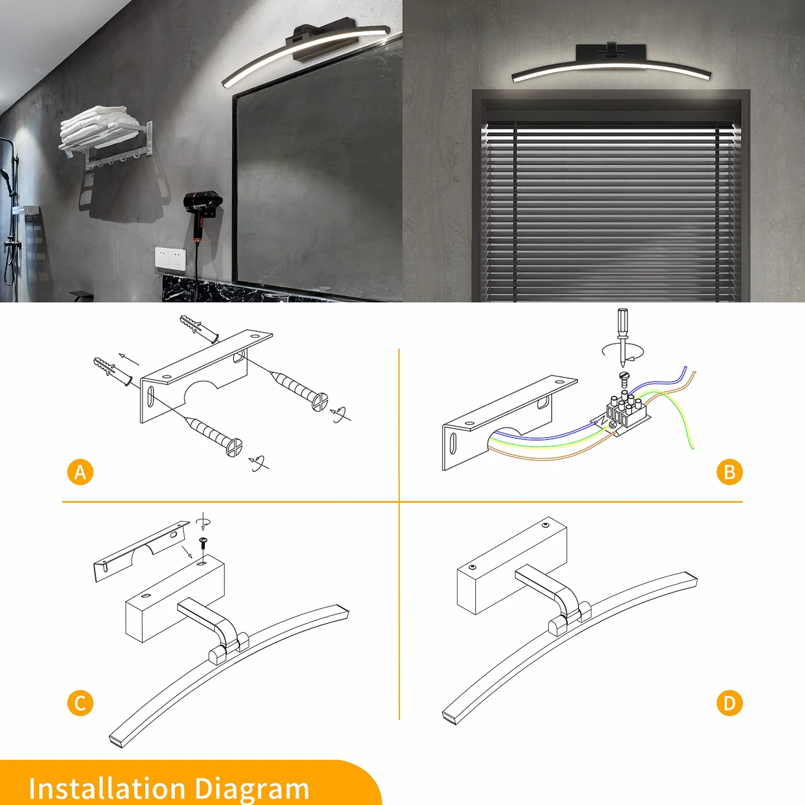 LED Spiegellamp 10W 720 Lumen Zwart Badkamerspiegellamp Neutraal Wit 4000K Badkamerlamp IP44 Waterdicht Geen flikkering 230V (Zwart,10W)