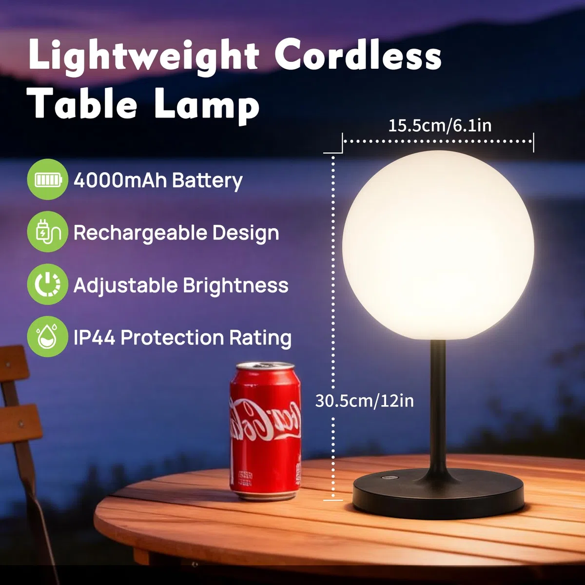 Tischlampe Kabellos，Dimmbar Nachttischlampe Touch，Akku Tischleuchte Kabellos，LED Tischlampe mit kugelförmigem Lampenschirm, geeignet für Schlafzimmer Wohnzimmer und Außenbereich – Schwarz