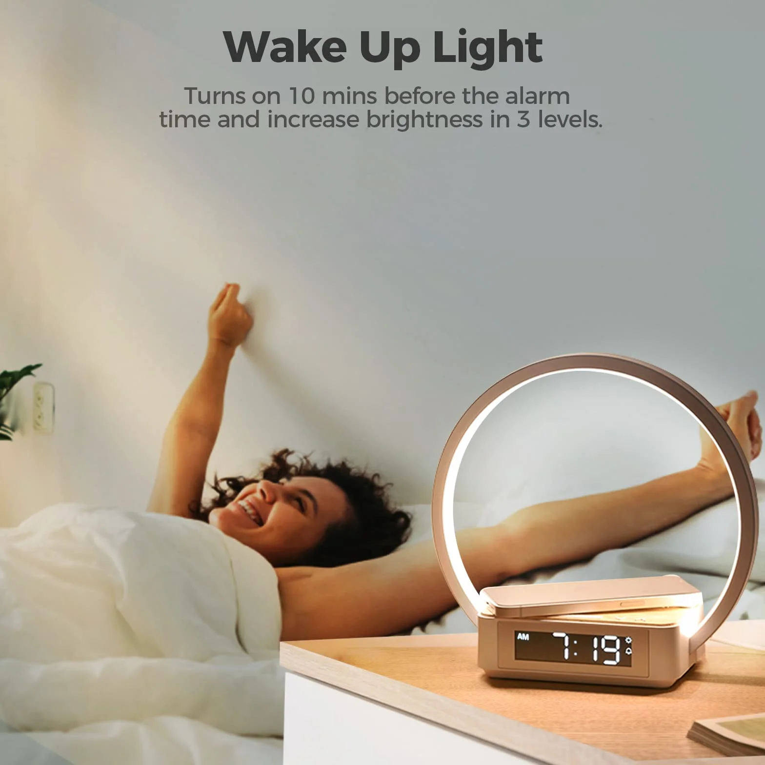blonbar LED Nachttischlampe mit Ladefunktion, 10W Wireless Charger & 3 Stufige Helligkeit Tischleuchte, Wake Up Licht Wecker Touch Control Dimmbar für Schlafzimmer Wohnzimmer