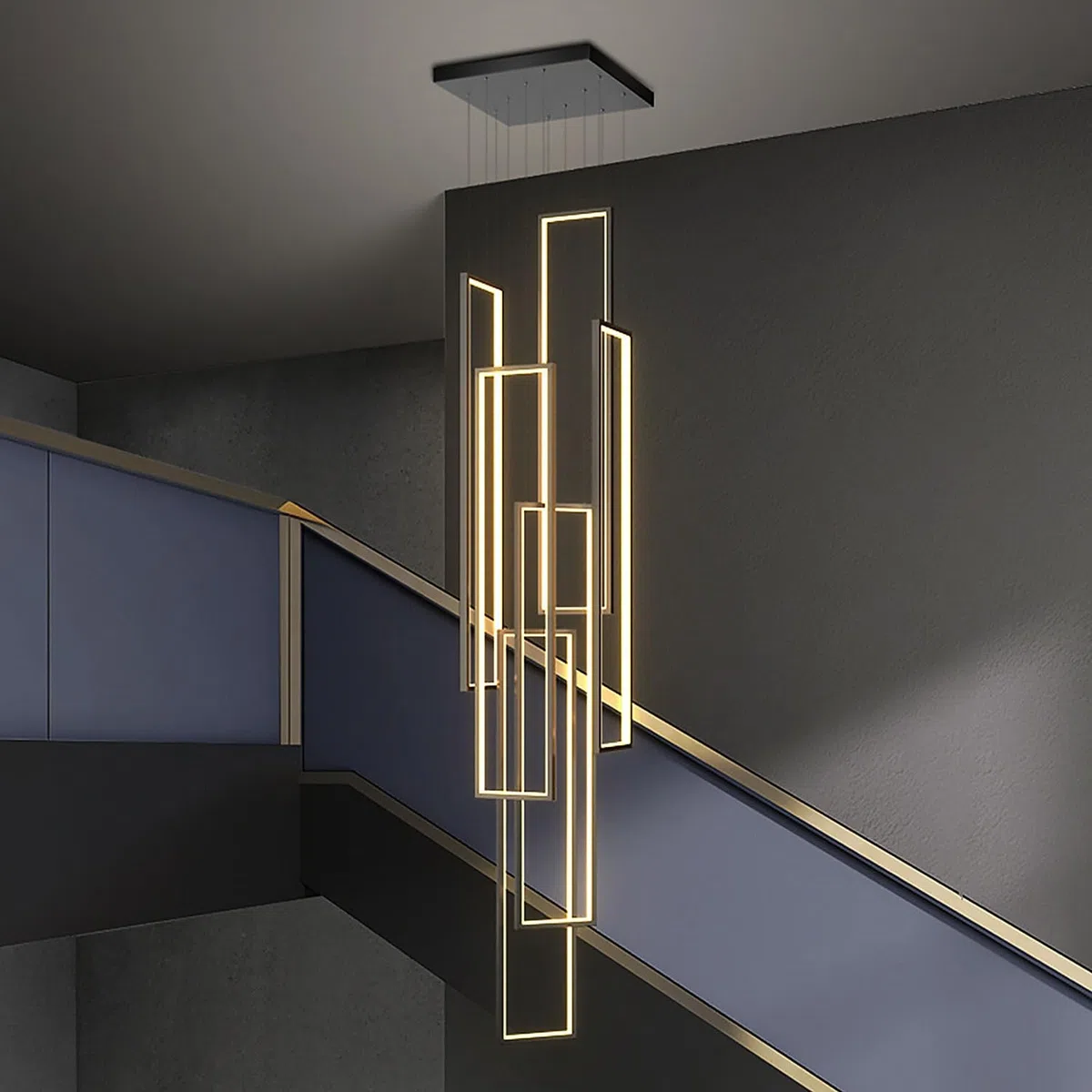 Modern LED Geometrie Pendelleuchte Wohnzimmerlamp Aluminium Treppe Kronleuchter Xuanguan Schlafzimmer Hängeleuchte Schwarz Salon Esszimmer Deckenleuchte Acryl Hängelampe,6 heads Dimmbar