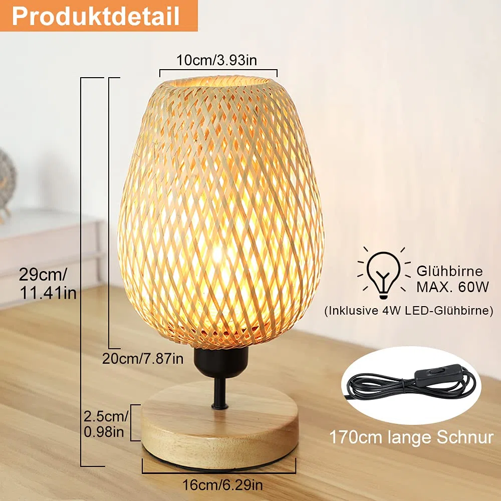 Depuley Modern LED Tischlampe Rattan aus Bambus und Holz, Dekorative Nature Tischleuchte mit E27-Fassung max. 60 Watt, Nachtlicht Leselampe für Schalfzimmer Kinderzimmer, Glühbirne enthalten