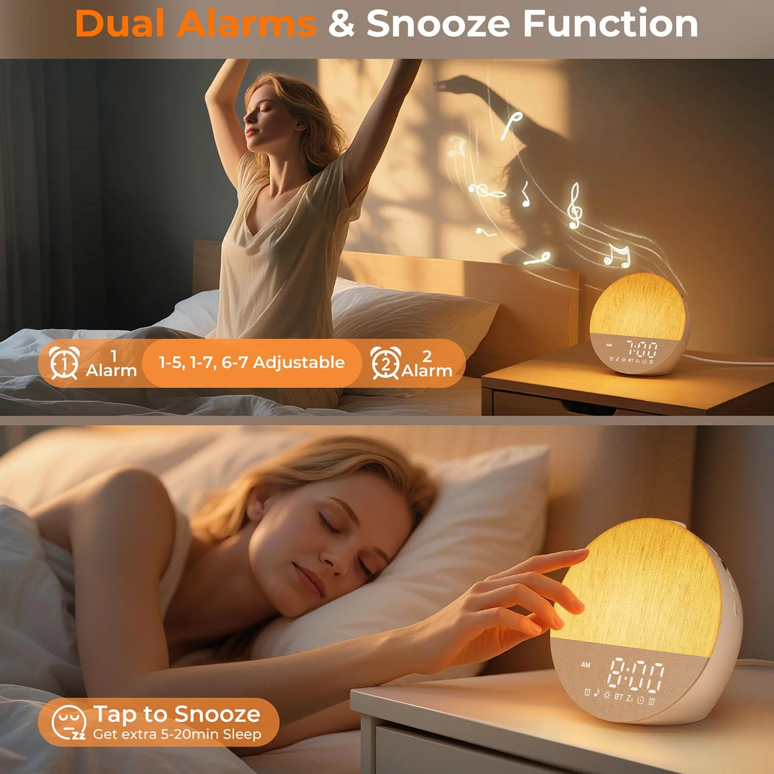 Tageslichtwecker, Lichtwecker Sonnenaufgang Wecker Doppel, Wake Up Light, Bluetooth Lautsprecher, White Noise Machine mit 30 Beruhigende Klänge, 20 Helligkeit,18 Farben Dimmbare Nachttischlampe