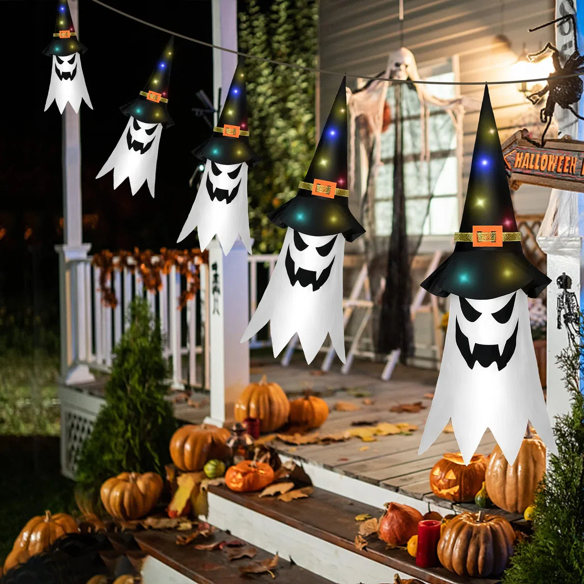 Timiyou Halloween-Deko Garten Outdoor, 5 Stück Hängende Geister mit Hexenhut, Halloween Lichterkette Fliegende Geisterhüte mit 10 LED Lichtern