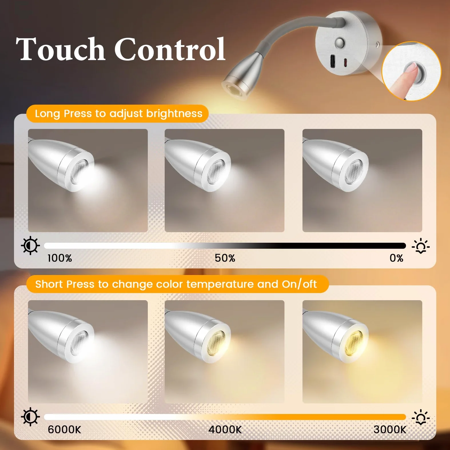 2 Stücke Wohnmobil Leselampe mit USB A+C-Ladegerät, 12V LED Wandlampe Spot Dimmbar DREI Farbtemperaturen, Schwanenhals Flexible Wandleuchte für Camper Van Caravan Boat Yacht (Silber)