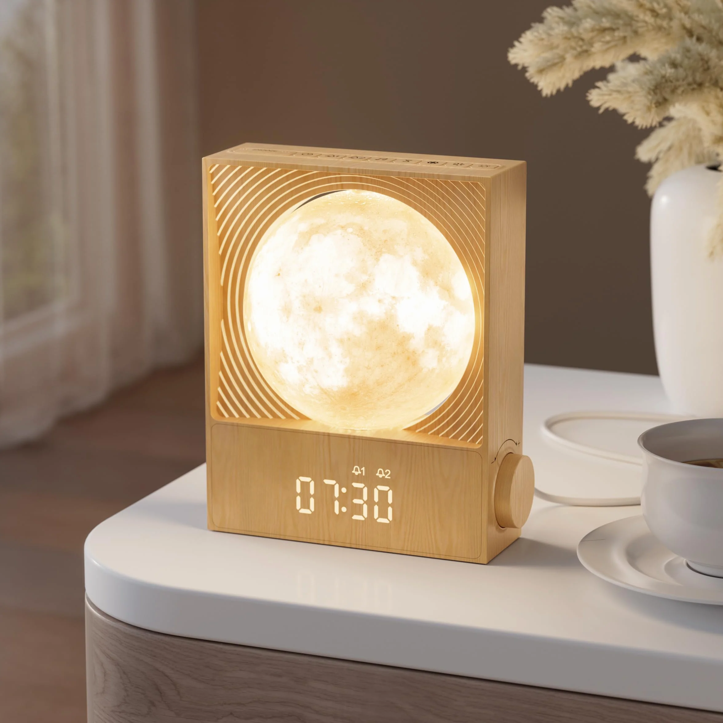 RETEYUNG Rotierende Mondlampe mit Sonnenaufgangs-Wecker, Nachtlicht für Erwachsene und Kinder, 15 Wecktöne, RGB Beleuchtung, 10 Naturklänge, Geschenk für Jugendliche und Studenten