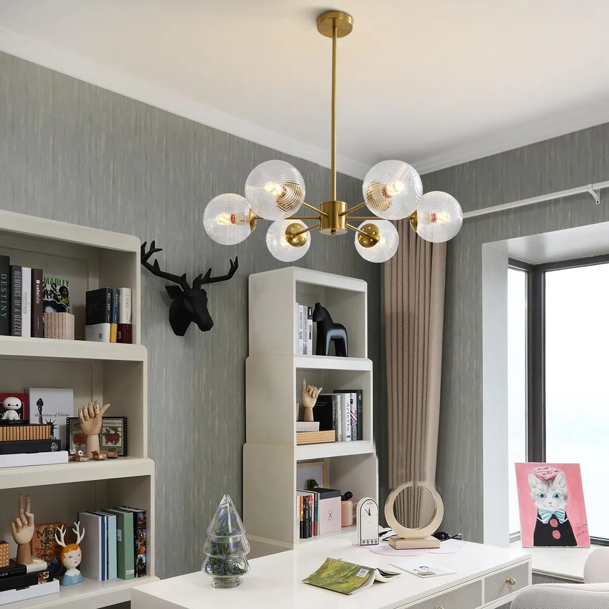 Pendelleuchte Mid-Century Modern 6-flammiger Kronleuchter goldene Sputnik Pendellampe Vintage grüne Deckenleuchte aus gebürstetem Messing Glaskugel Kronleuchter für Schlafzimmer Flur Esszimmer