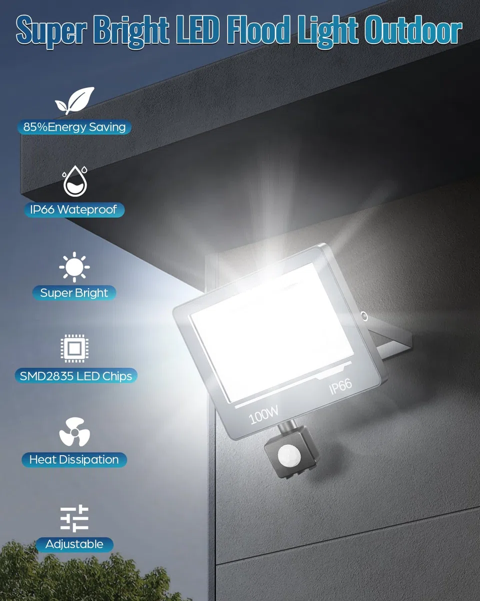 LED Strahler mit Bewegungsmelder Außen 100W, LED Scheinwerfer mit Bewegungsmelder 10000LM Super Hell, 6500K Kaltweiß, IP66 Wasserdicht, Sicherheitsbeleuchtung für Garten/Hof 1 Stücke