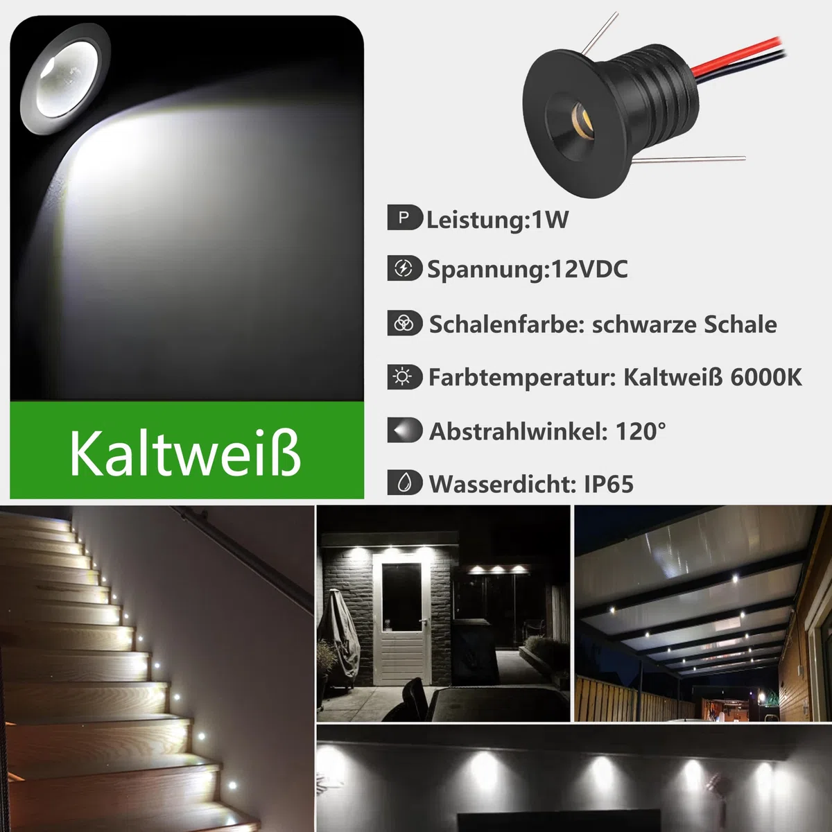 Einbaustrahler LED 1W, mini led Spot,led einbaustrahler 12V Lochmaß 15-18mm,Deckenspots IP65 Einbauspots Kaltweiß,Led spot für Carport Badezimmer Küche,mit 230V Trafo,15er set (Schwarz Kaltweiß 6000k)