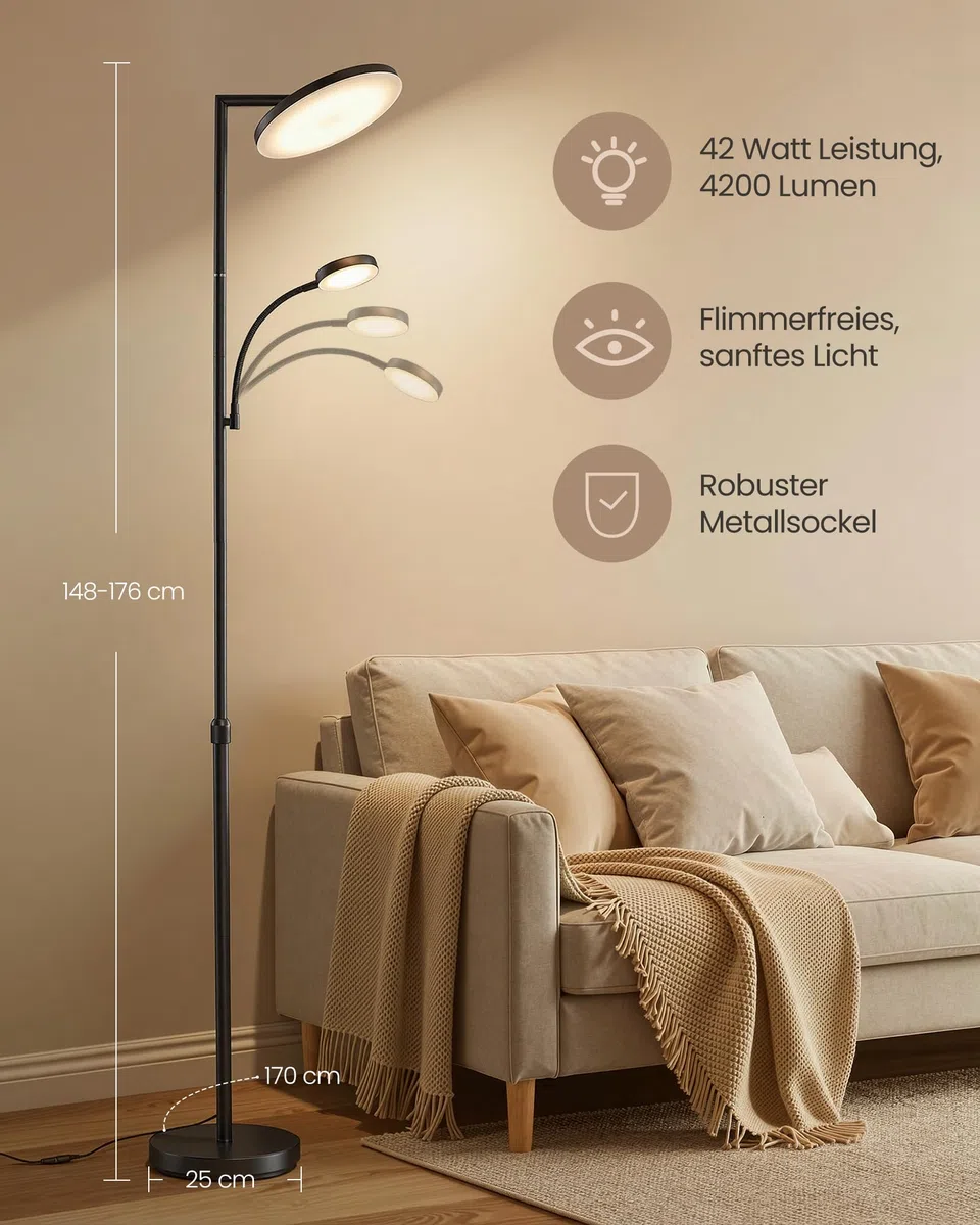 VASAGLE Stehlampe Wohnzimmer, LED-Stehleuchte höhenverstellbar, Standleuchte 42W, drehbarer Lampenkopf, Schlafzimmer, Büro, Leselampe, Timer, Tasten- und Fernbedienung, mattschwarz LFL028BD02