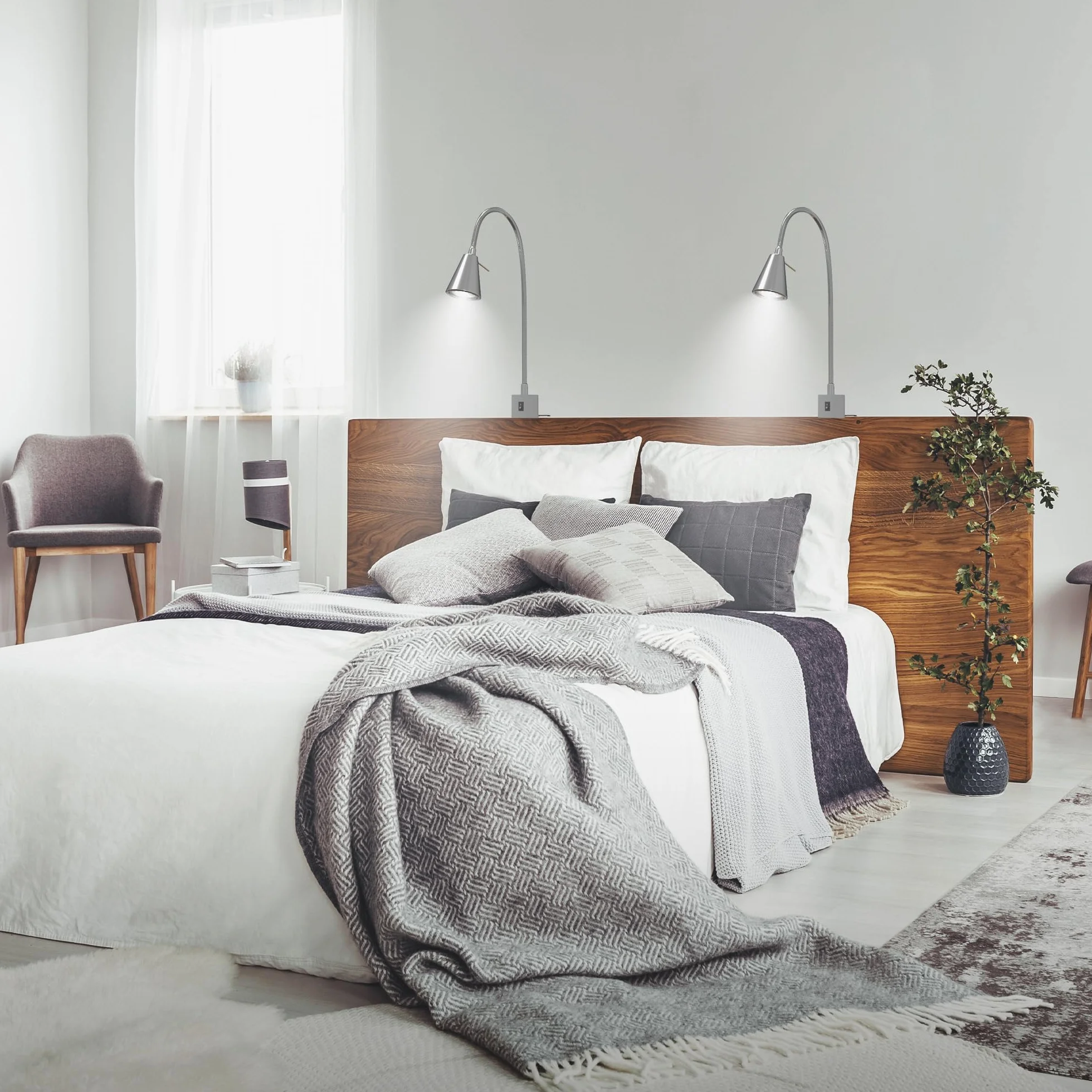 BRILONER - 2er Set LED Leselampe mit Ein/Aus-Schalter, schwenkbar, viele Befestigungspositionen, Wandleuchte Innen, Wandlampe, Bettlampe, Lampe Bett, Leselicht, Nachttischlampe, 40,3cm, Matt-Nickel