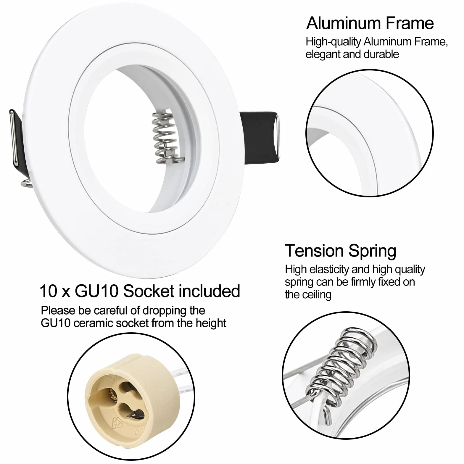 10er Einbaustrahler GU10 Set Aluminium weiß Matt 230V, inkl. GU10 Fassung, Einbaustrahler Rahmen Einbaurahmen Einbauspots für LED Halogen, Rund Decken Spot Einbauleuchten Lochdurchmesser 68mm