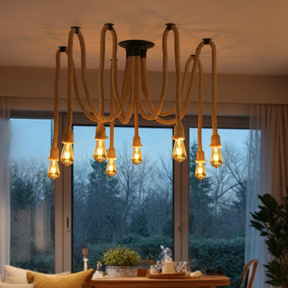 ANWIO Hanfseil Deckenlampe Pendelleuchte 8 Flammig, Spinne Kronleuchter, Hanfseil DIY Deckenleuchte Küche, Retro Hängelampe, Seil Pendellampe E27 für Speisesaal Schlafzimmer Wohnzimmer Esszimmer Hotel