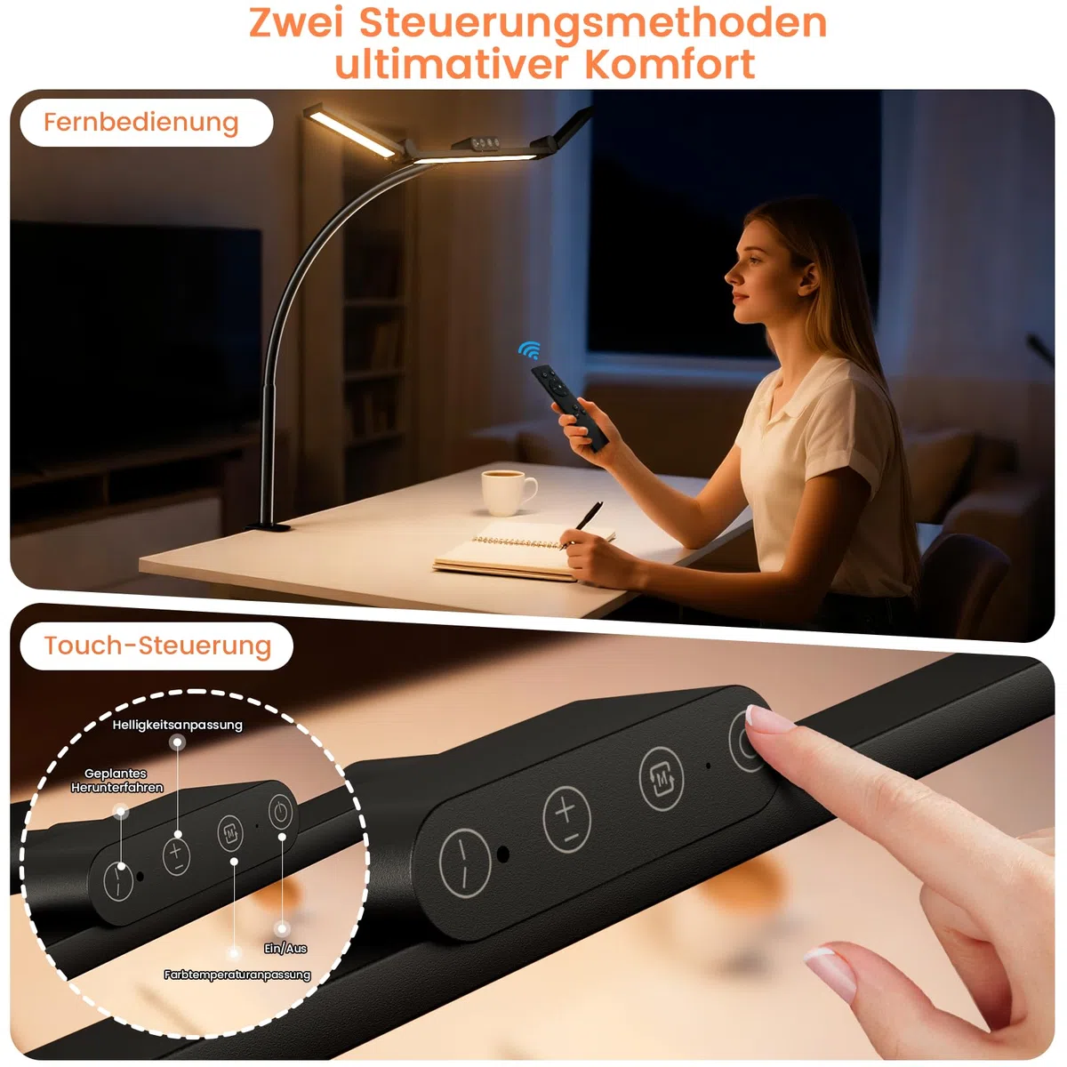 TYEE Schreibtischlampe LED Dimmbar, 24W 3-Lichtbalken LED Schreibtischlampe für Homeoffice, 1500LM Augenschutz Tageslichtlampe mit Fernbedienungen, 5 Farb 5 Helligkeit Büro Tischlampe