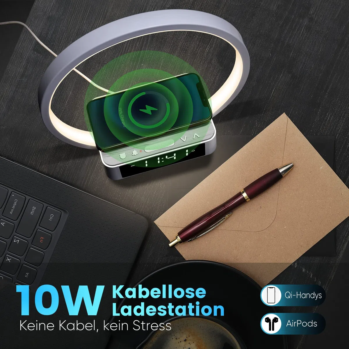 WILIT LED Nachttischlampe mit Ladefunktion 18W, Lichtwecker mit Uhr, Nachttischlampen Touch Dimmbar Schlafzimmer mit 3 Helligkeitsstufen, 10W Wireless Charger, Grau