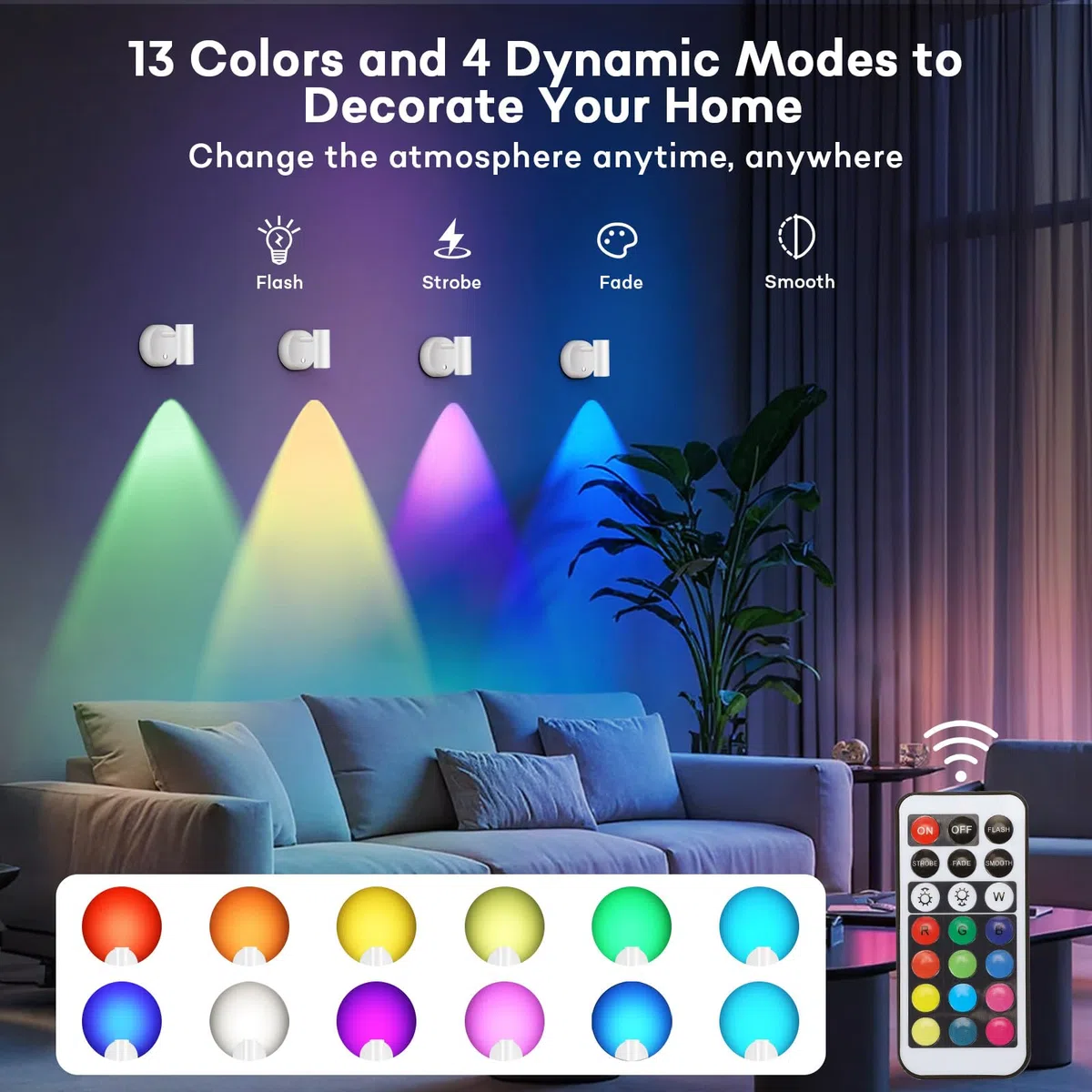 2 Stück Kabellose Spotlight mit Fernbedienung RGB, 5500mah Bilderleuchte Kabellos, Aufladbar Wandstrahler Innen, 13 Farbe Akku Strahler LED, Dimmbar Pflanzenstrahler Batterie Weiß