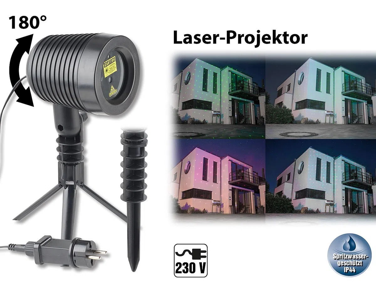 Lunartec Laser Projektor: Laserprojektor, bewegter Sternen-Regen-Lichteffekt, rot & grün, IP44 (Projektor außen, Laserlicht, Party)