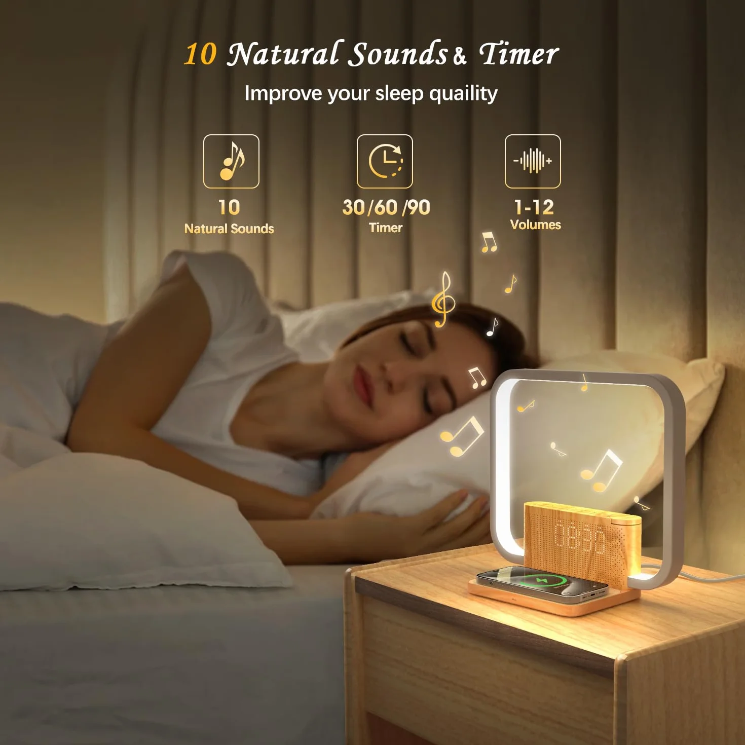 Nachttischlampe mit Ladefunktion, 10W Wireless Charger, Wake Up Licht, 10 Natürlichen Klängen Einschlafhilfe und Tischlampe Touch Dimmbar mit 3 Helligkeitsstufen für Schlafzimmer Wohnzimmer Büro
