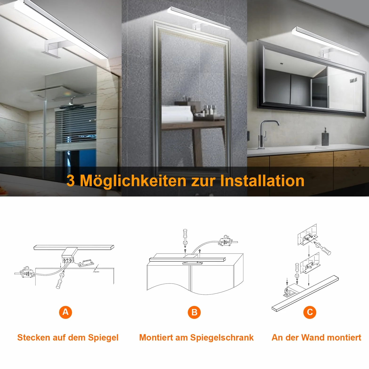 Karrong Spiegelleuchte Bad 40CM mit Schalter Fernbedienung, Dimmbar 3000K Warmweiß 4000K Naturweiß 6000K Kaltweiß IP44 Wasserdicht LED Spiegellampe für Badzimmer Aluminium 1200LM, 12W AC100-265V, Weiß