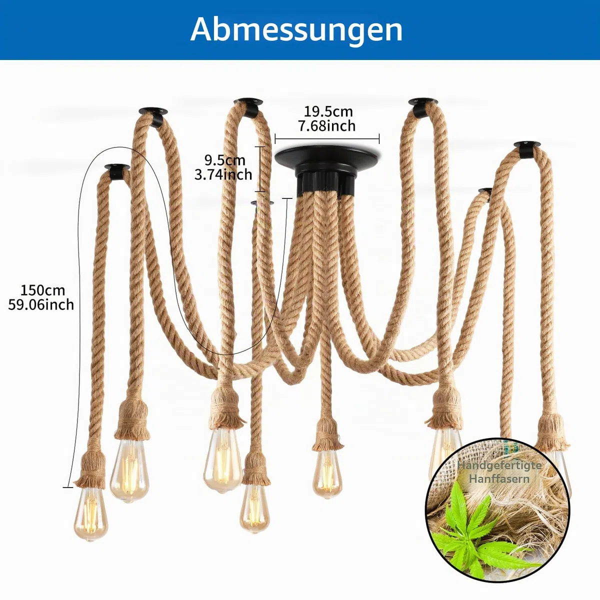 ANWIO Hanfseil Deckenlampe Pendelleuchte 8 Flammig, Spinne Kronleuchter, Hanfseil DIY Deckenleuchte Küche, Retro Hängelampe, Seil Pendellampe E27 für Speisesaal Schlafzimmer Wohnzimmer Esszimmer Hotel