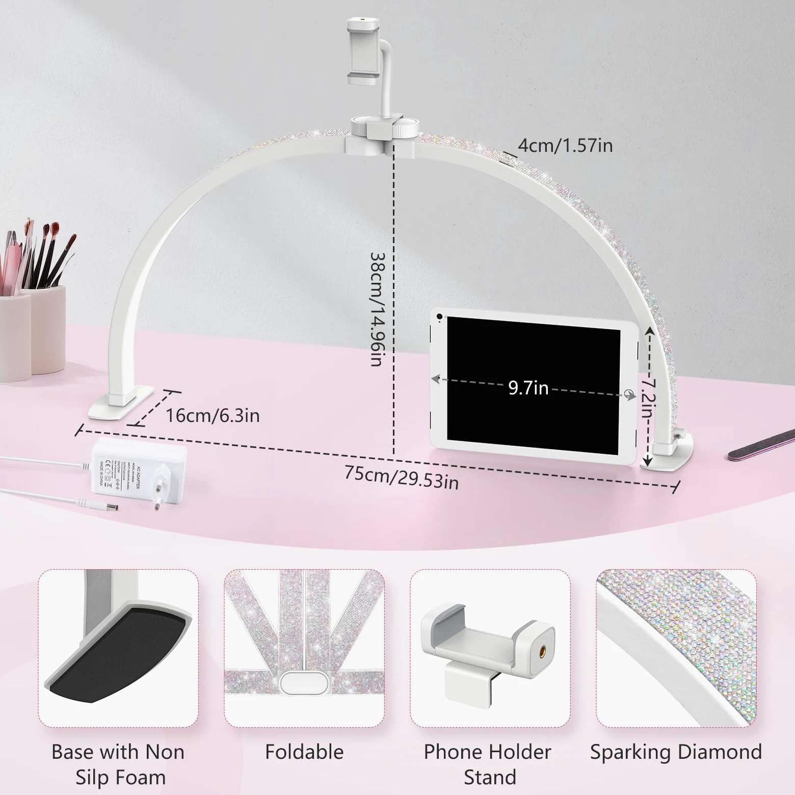 Desktop Halbmondlampe für Nägel: 23" LED Halbmond Wimpern Lampe mit Telefonhalter - 3 Farbmodi Und 10 Helligkeitsstufen Einstellbar Halbmondlicht für Nagelstudio Handwerk (Diamant, Klein)