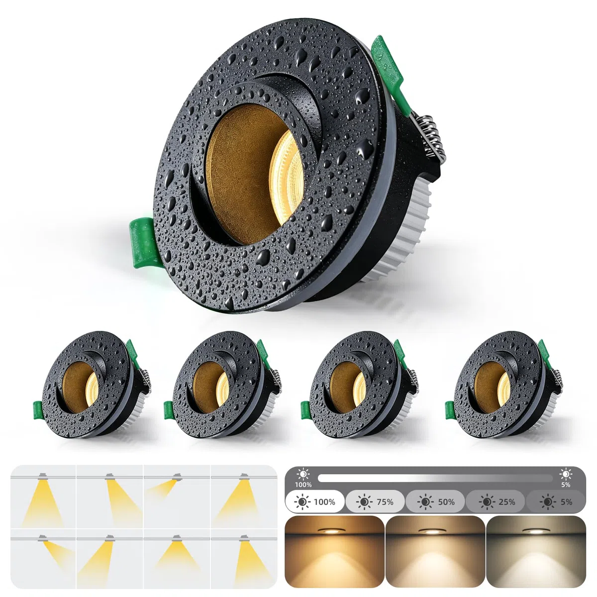 4er Einbaustrahler LED Dimmbar Deckenpots IP65, 5W 550lm Einbauspots 230V Modul, 3000K/ 4000K/ 6500K für Küche Flur, CRI90+ Blendfrei Ø70mm