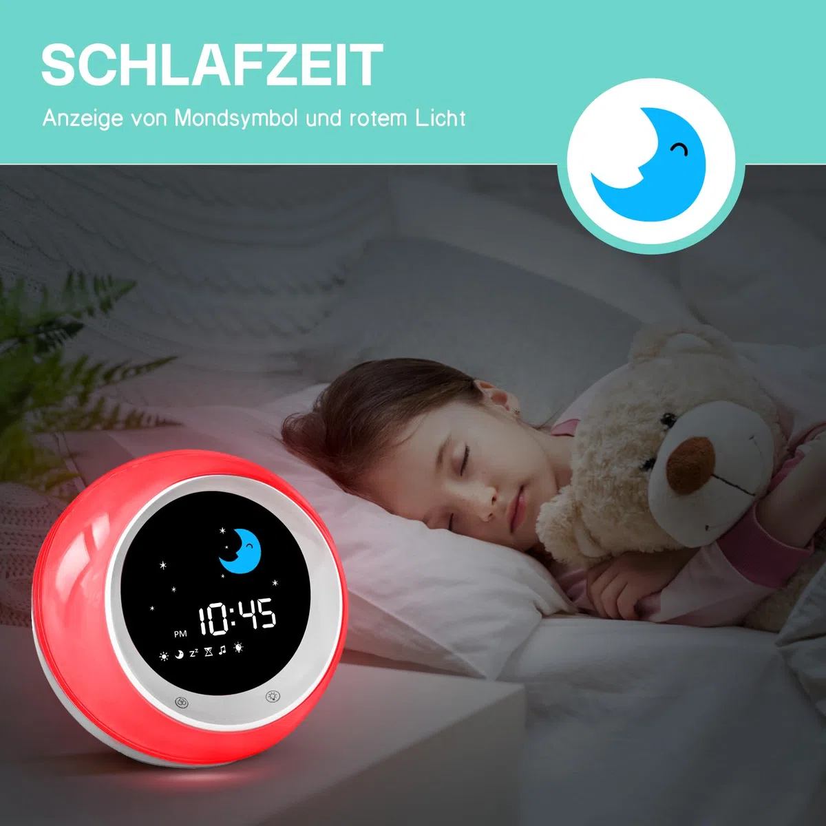 Kinderwecker, Schlaftrainer Kinder mit 9 Nachtlichtern, Soundmaschine, Snooze und Timer, Digitaler Wecker Kinder für Jungen und Mädchen