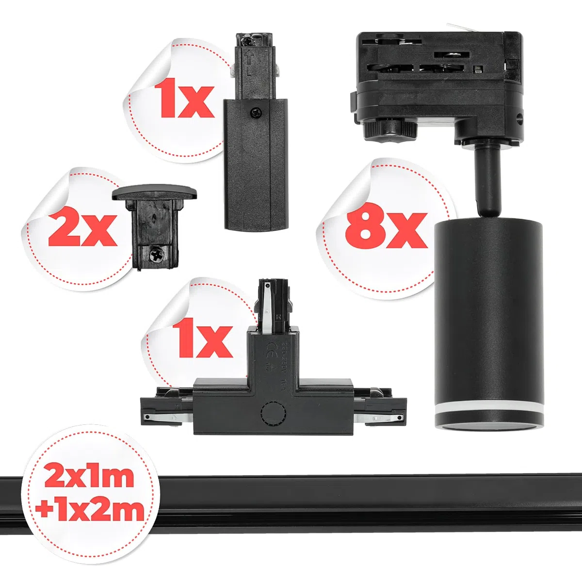 NEXTRACK 3-Phasen-Schienen-Set Komplett-Set 8x GU10 Lampe 1m+1m+2m T-Verbinder Schwarz