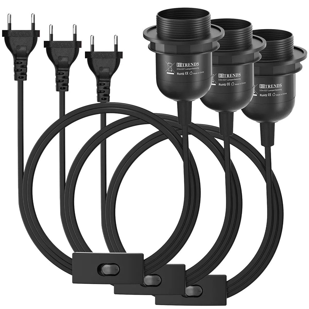 3 x E27 Lampenfassung mit Schalter mit Stecker, E27 Fassung Schwarz mit 3,5m Kabel Schraubring - Küche, Wohnzimmer und Kinderzimmer - Schwarz