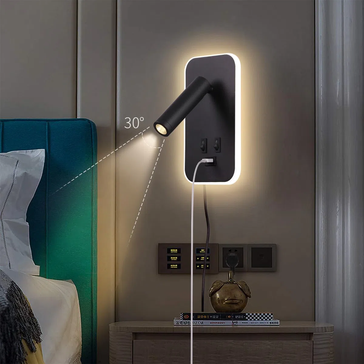 3W+9W LED leselampe wandlampe USB-Aufladung mit schalter wandleselampe Bettlampe innen Leselicht Schwenkbar Wandbeleuchtung Schlafzimmer Nachttischlampe 3100K, mit Stecker und Kabel, Schwarz