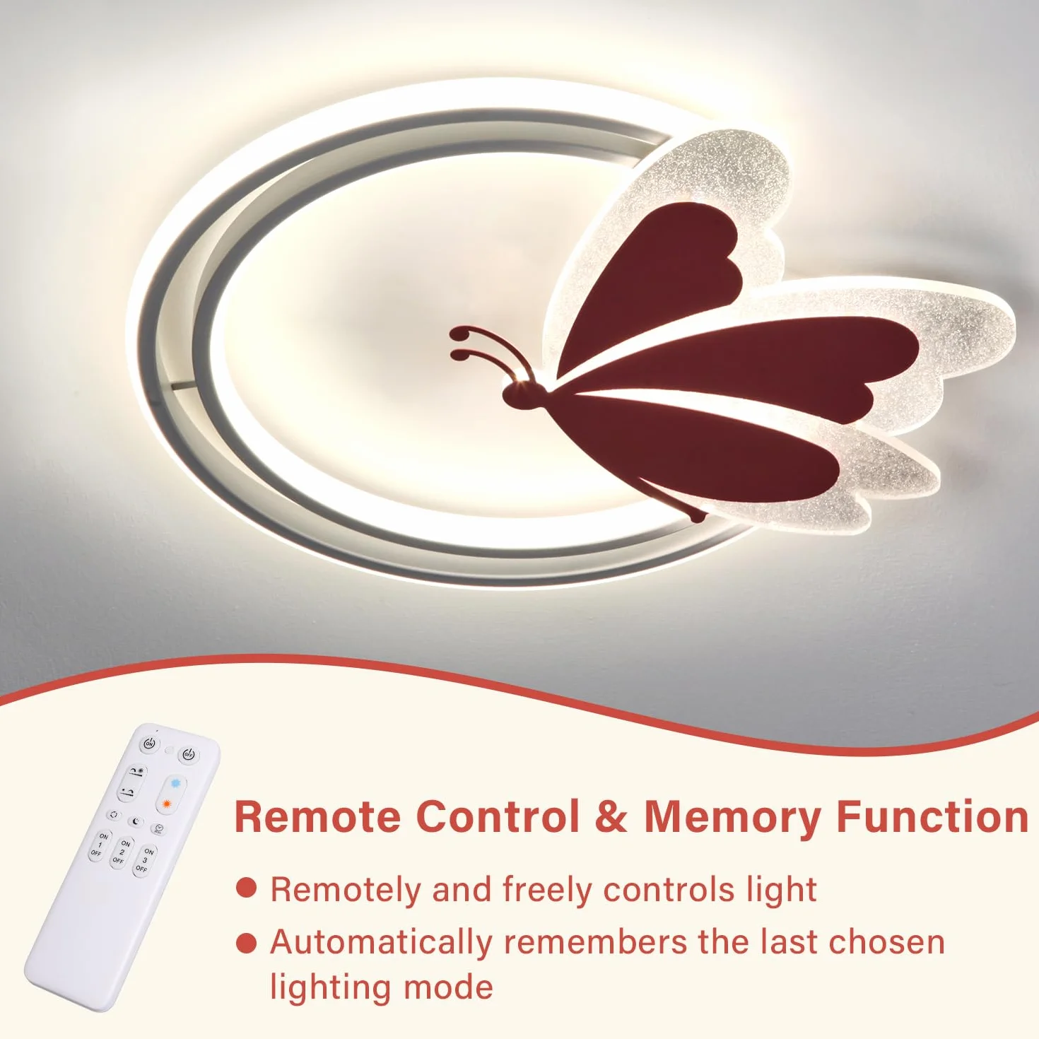 LED Deckenleuchte Schmetterling 48W Dimmbar mit Fernbedienung, Farbtemperatur 3000–6500K, Nachtlicht, Timer, Memory-Funktion, Deckenlampe für Kinderzimmer & Schlafzimmer, 4800lm, 47x40cm, Metall