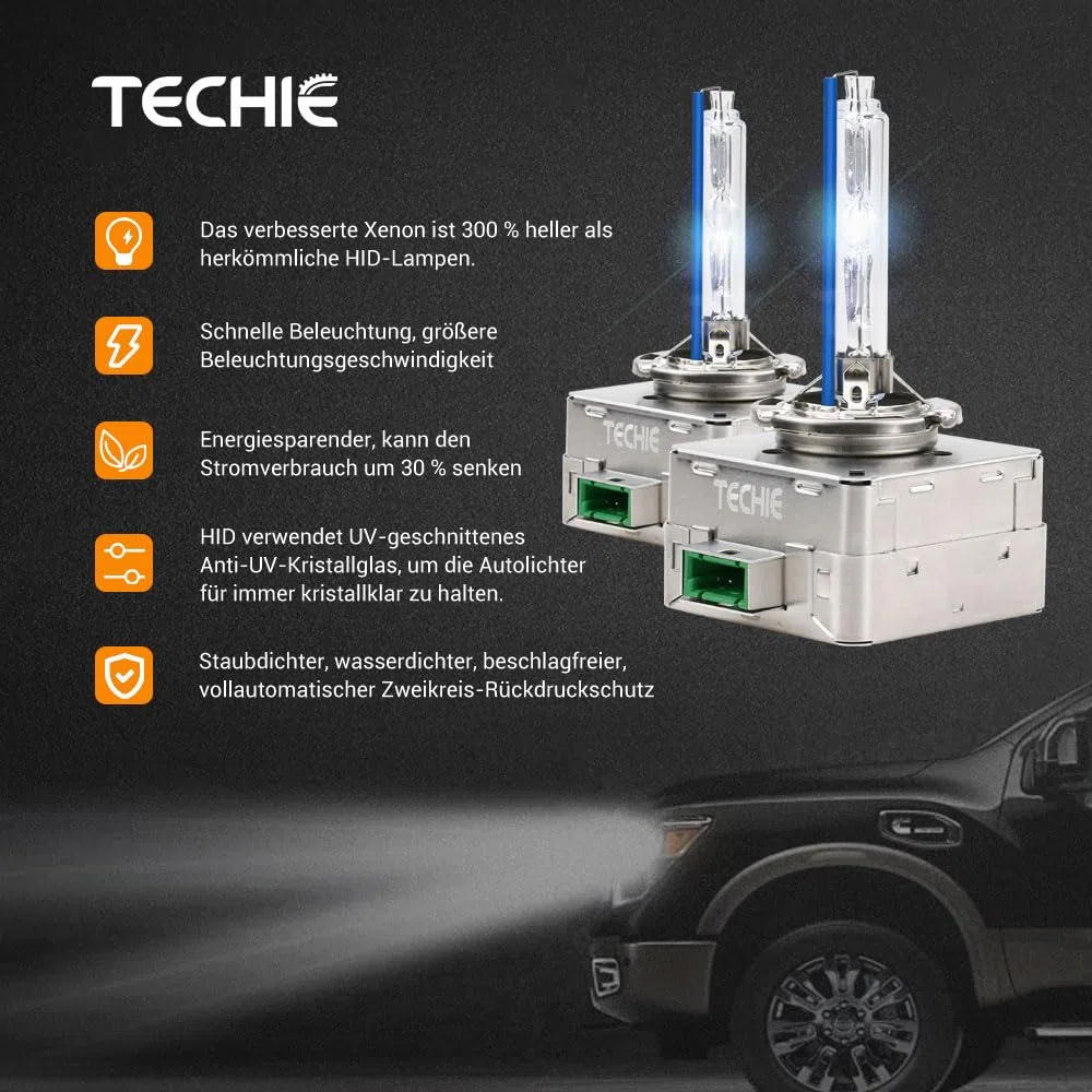 Techie D3S Xenon Brenner 8000k, 12V 35W Xenon Auto Scheinwerferlampe, Kaltblau Aluminium Fahrzeugscheinwerferbirne, HID Entladungs Lampe Ersatz Kit– 2 Stück (D3S-8000K)