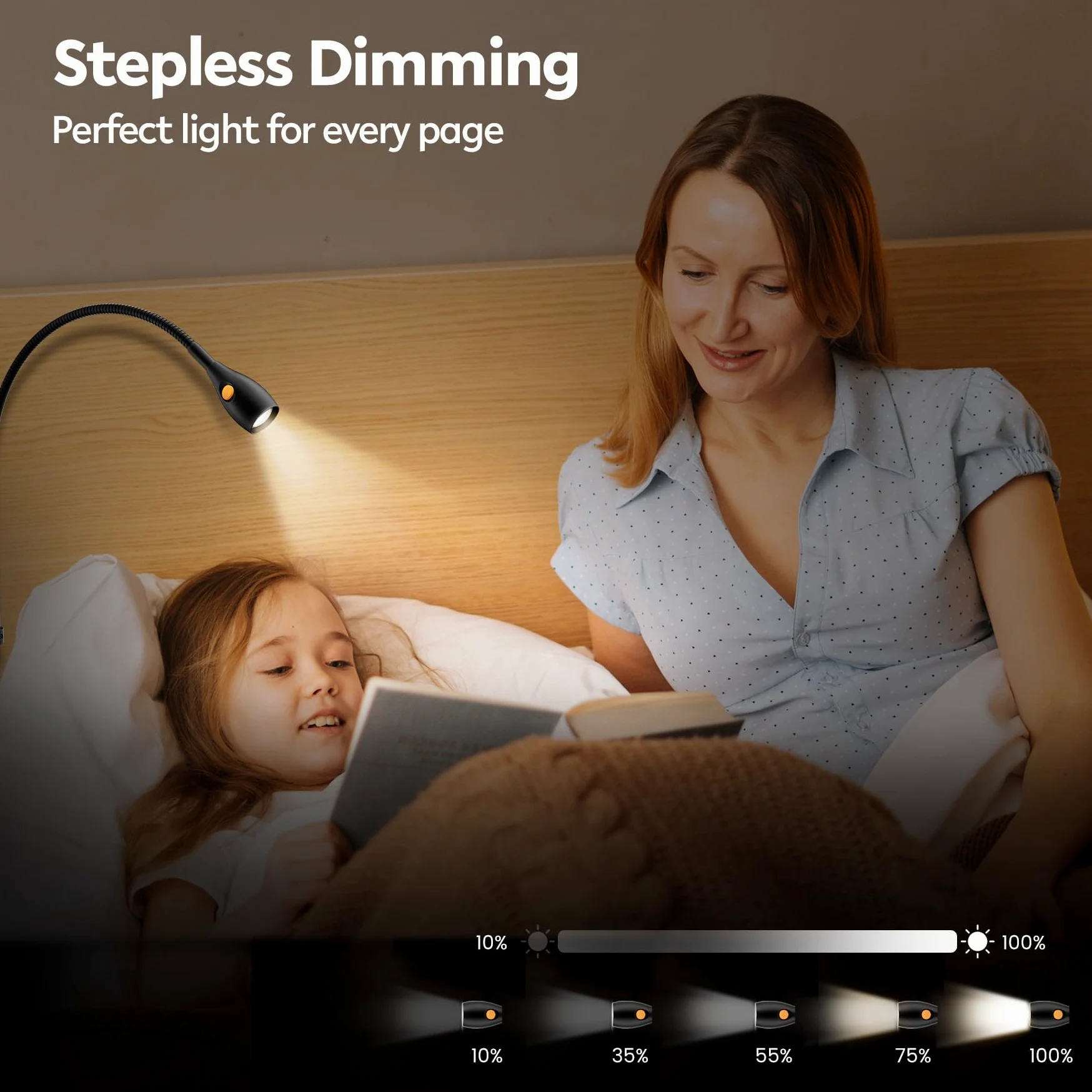 acegoo LED Leselampe Bett Vollmetall, Dimmbar Schwanenhals Lampe 3000K/Bernstein, Wandmontage Schwarz mit Schalter Flexible, praktischer Schalter am Lampenkopf für Buch Schlafzimmer (1 pack)