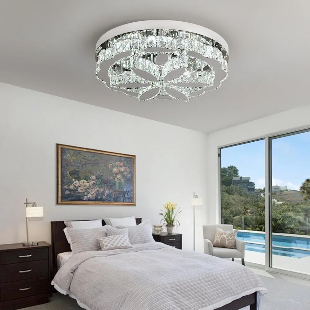 GreeLustr Moderne Kristall Kronleuchter Mit Fernbedienung für Wohnzimmer, Dimmbar Deckenleuchte Kristalle mit Elegantem Design für Schlafzimmer Flur Küche, Silber Deckenlampe Kristall für Decke (50cm)