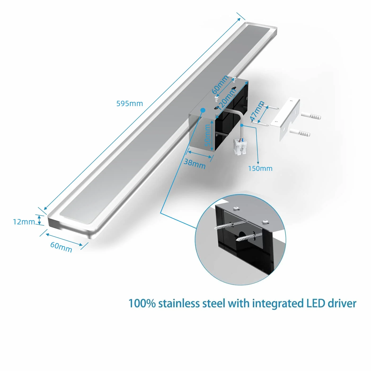Spiegellampe für Badezimmer, LED, 60 cm, 15 W, 1600 lm, Beleuchtung 230 V, Wandleuchte, wasserdicht IP44, Edelstahl, Kaltweiß 6000 K