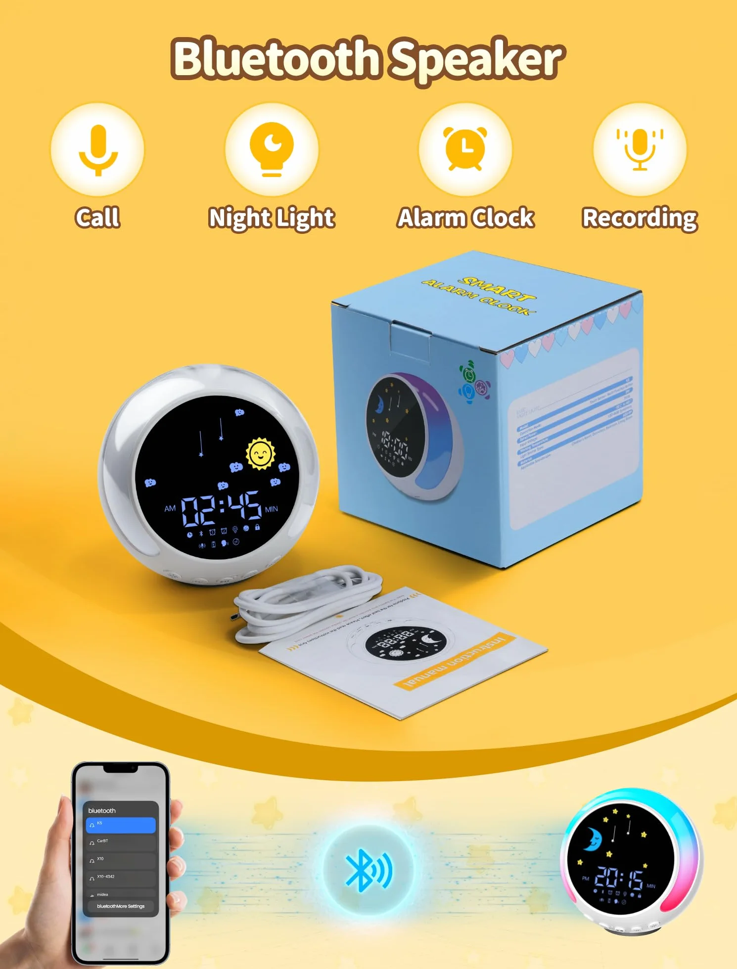 NEUTYPECHIC Kinderwecker für Schulanfänger, Bluetooth Schlummern Wecker Kinder mit Weißem Rauschen 11 Nachtlichtern, Lichtwecker Kinder 5 Stufen der Nachtlichthelligkeit mit Lautsprecher, Aufnahme
