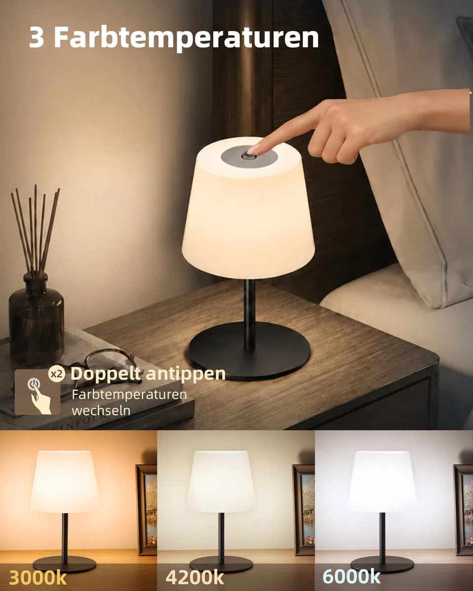 EZVALO 2er-Set Kabellose Tischlampe LED, IP65, 4500mAh USB-C, Touch-Dimmbar mit 3 Farbtemperaturen, Perfekte Nachttischlampe, Campinglampe & Tischleuchte für Outdoor und Innen (Schwarz, 2 Stück)