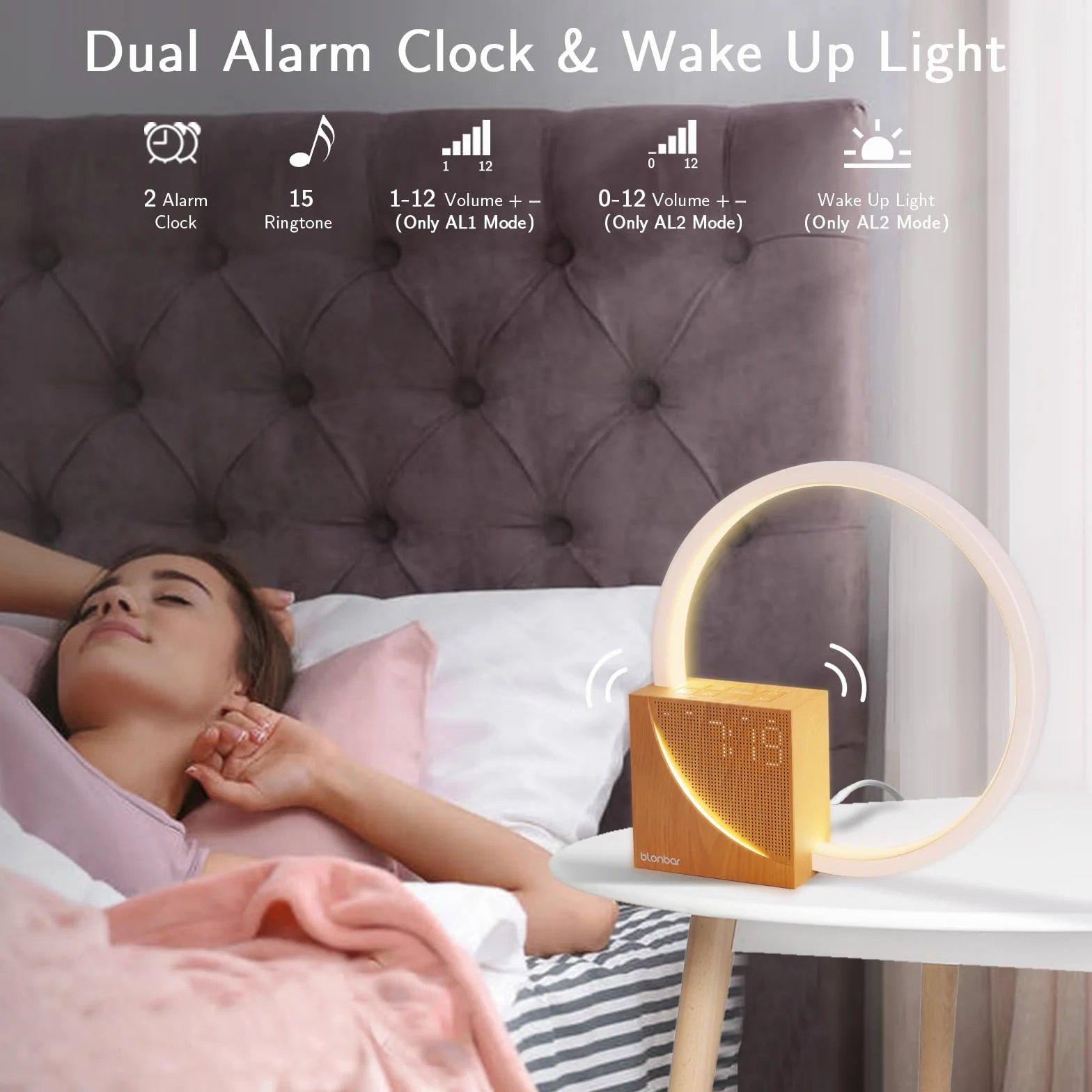 blonbar Nachttischlampe mit USB-Ladefunktion, Touch Control Dimmbar Lichtwecker Wake Up Light Einschlafhilfe Babys und Erwachsene, 3 Stufige Helligkeit Nachttischlampe für Schlafzimmer Wohnzimmer