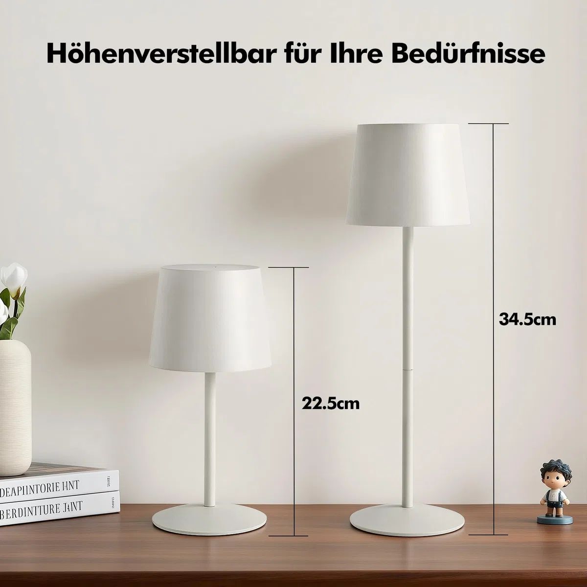 GyroVu Kabellose 2 Stück LED Tischlampe Weiß, Höhenverstellbar Touch Lampe Dimmbar Stufenlos, Wiederaufladbar Akku Tischleuchte mit USB-C, IP44 Wasserdicht, Für Camping Esstisch Wohnzimmer Nachttisch
