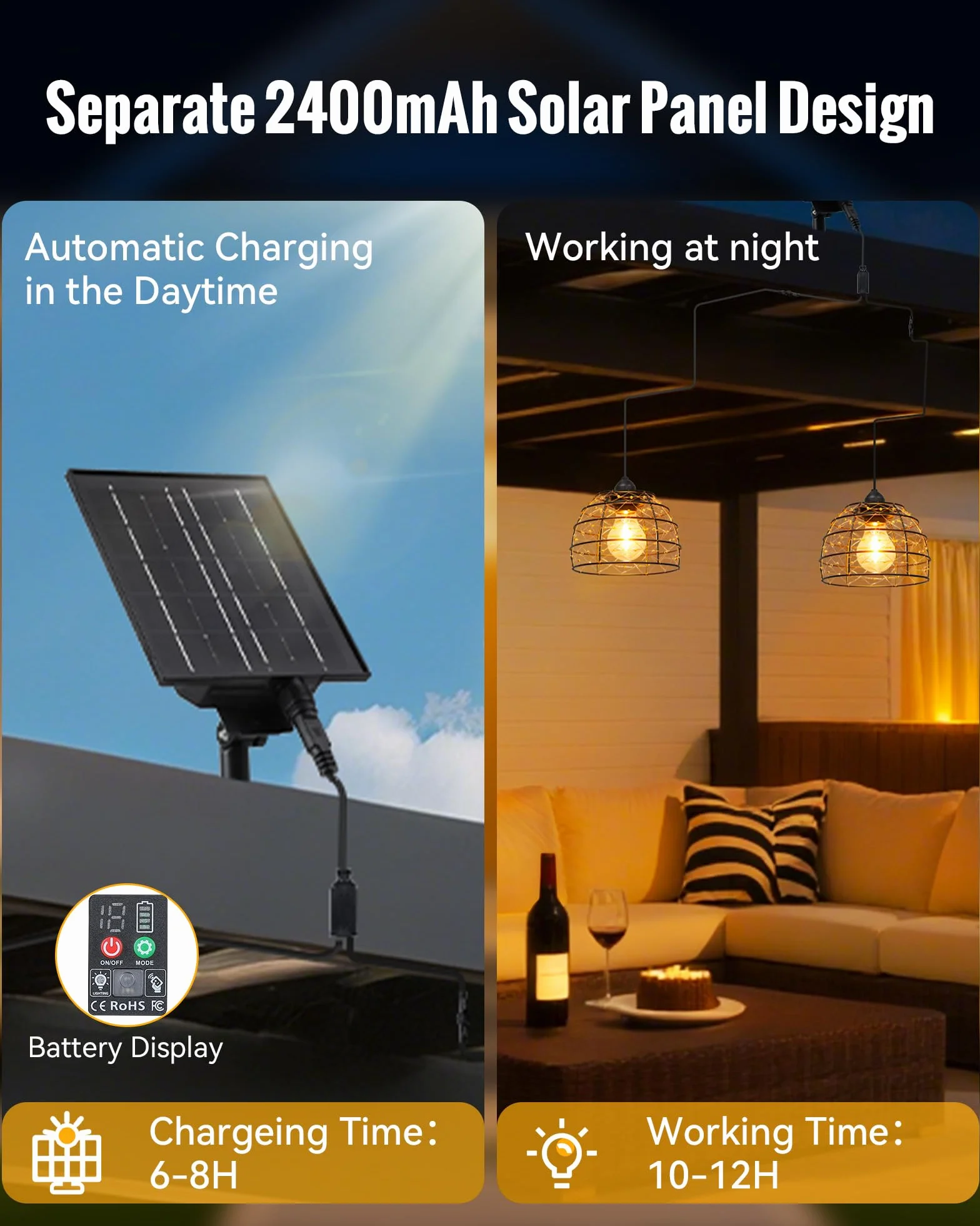 Solar Hängeleuchte für Außen Innen, 1 Solarpanel versorgt 2 Boho Solarlampen mit Fernbedienung Helligkeit einstellbar, Timer IP65 wasserdicht für Garten Terrasse Pavillon Garage Balkon