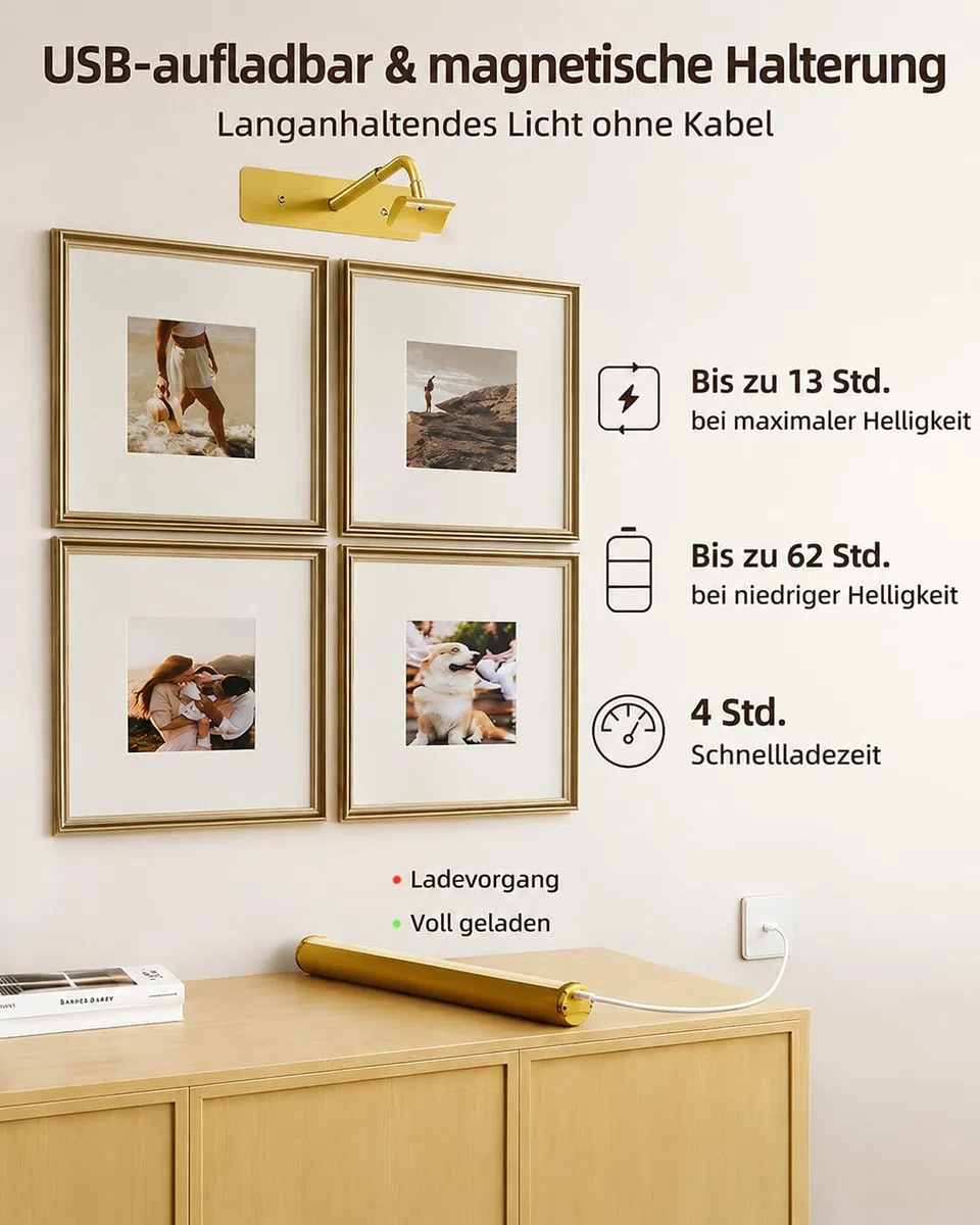 EZVALO Bilderleuchte Kabellos, 33 cm LED Bildbeleuchtung mit 4000mAh wiederaufladbarem Akku, Fernbedienung, Dimmbar, 3 Farbtemperaturen, Wandlampe für Bilder und Gemälde