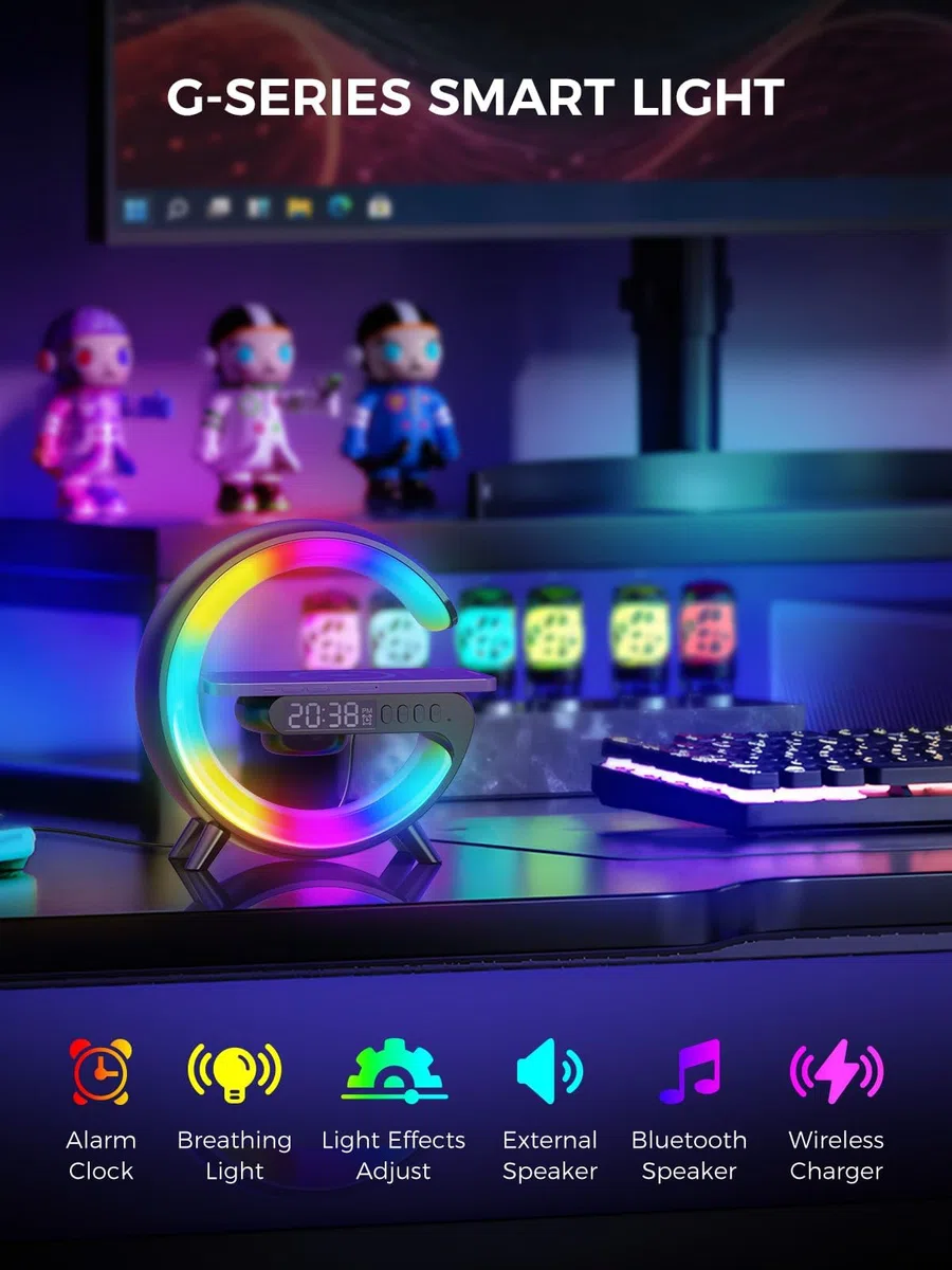 Smiling Shark Lichtwecker, Intelligente Wecker Licht Atmosphärenlicht 10 Modus mit Kabelloses Ladegerät und Bluetooth Lautsprecher Taste Steuerung Sonnenaufgang Licht Wecker für Wohnzimmer