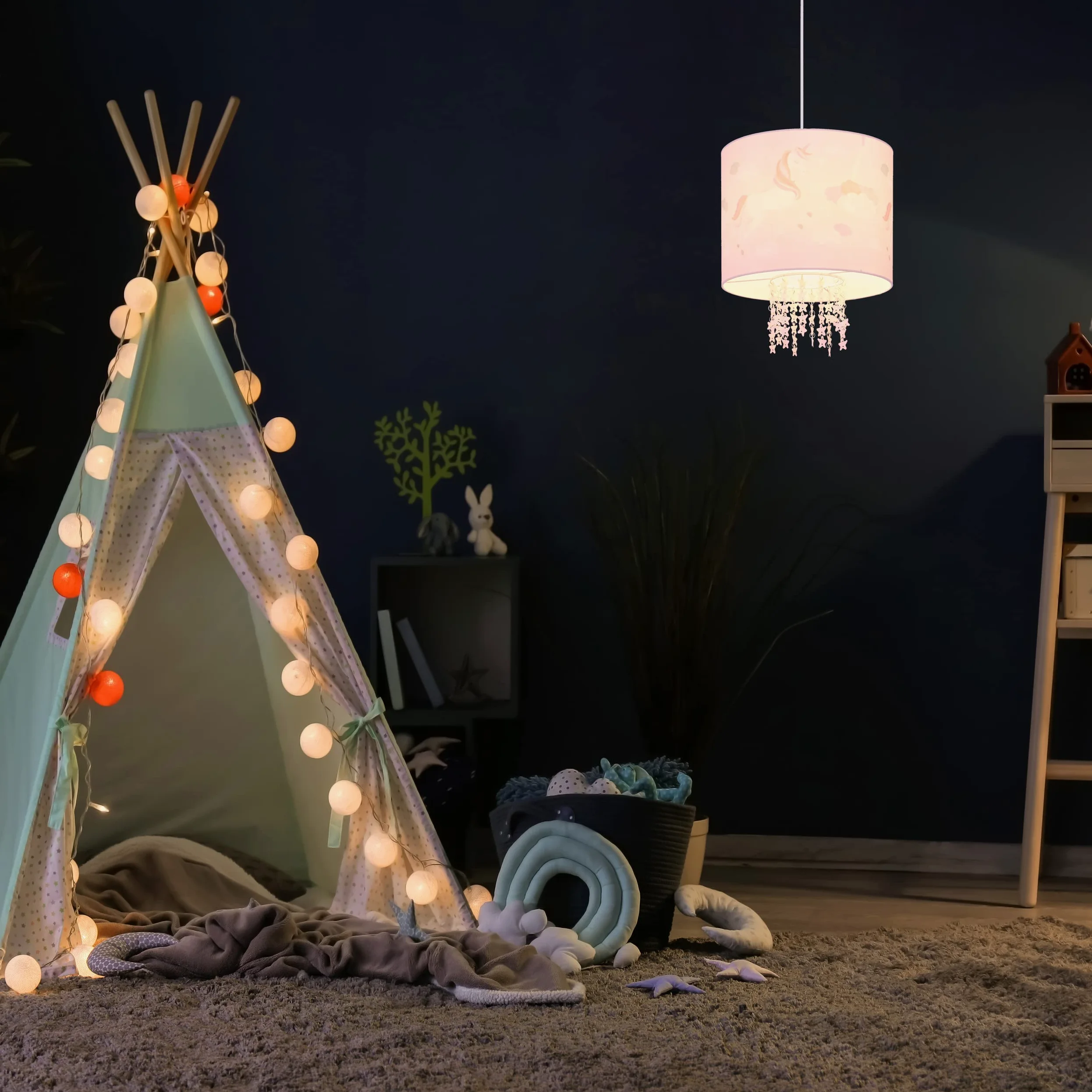 Relaxdays Hängelampe Kinderzimmer, Lampenschirm mit Einhorn-Motiv, HxD: 158 x 35 cm, E27, Pendelleuchte für Kinder, rosa