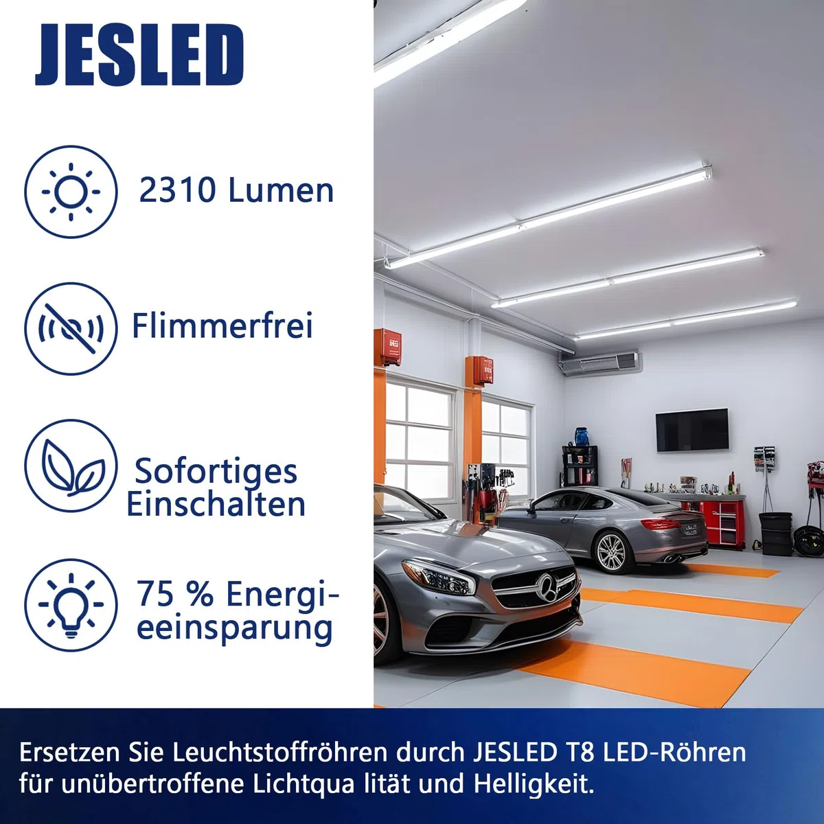 JESLED 2er Pack LED Röhre 120cm T8 G13-14W, 4000K, 2310 Lumen - PC-Material, hohe Lichtausbeute, inkl. Starter - Ideal für Büro, Supermarkt, Lagerhalle