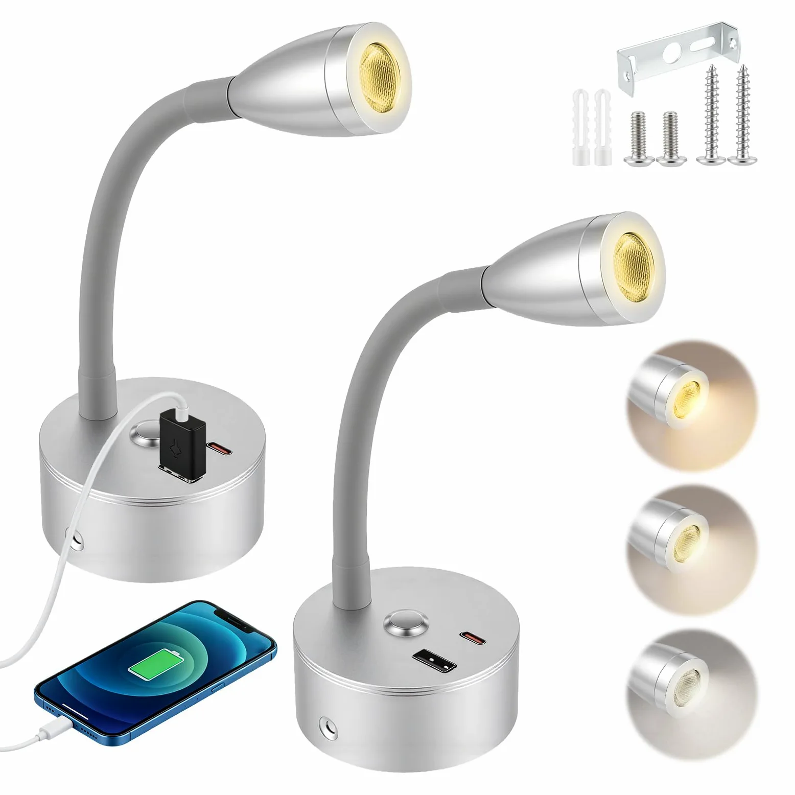 2 Stücke Wohnmobil Leselampe mit USB A+C-Ladegerät, 12V LED Wandlampe Spot Dimmbar DREI Farbtemperaturen, Schwanenhals Flexible Wandleuchte für Camper Van Caravan Boat Yacht (Silber)