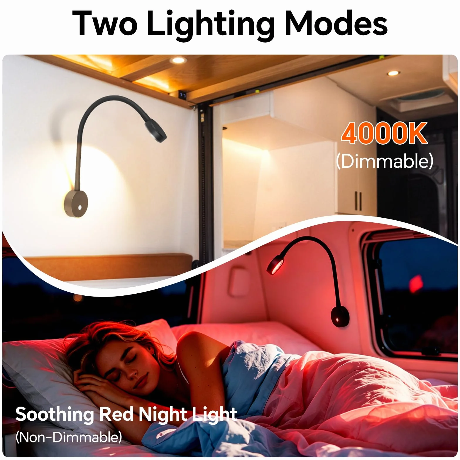 LED Leselampe 12V Wohnmobil mit USB&Rotem Nachtlicht 254lumen 4000K Dimmbar Flexible Schwanenhals Wandlampe Bettseite DC 12V-24V Spot für Boot Wohnwagen Yacht Innenbeleuchtung