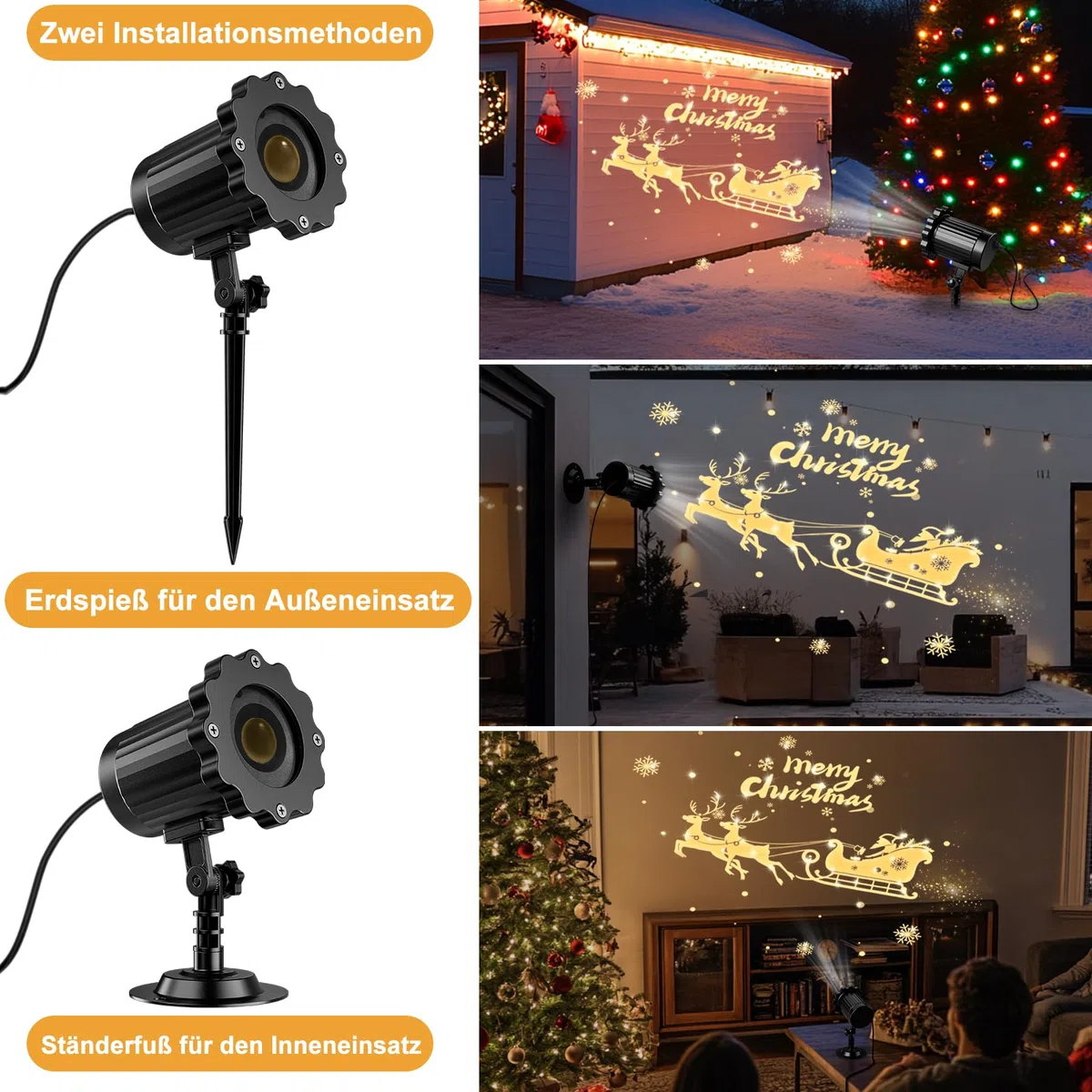 Weihnachten Deko Outdoor Indoor,3D Dynamische Schlitten Weihnachten Projektor,Wasserdicht Weihnachtsbeleuchtung außen für Garten Fenster Wand Hof Party Weihnachtsdeko Projector Lights