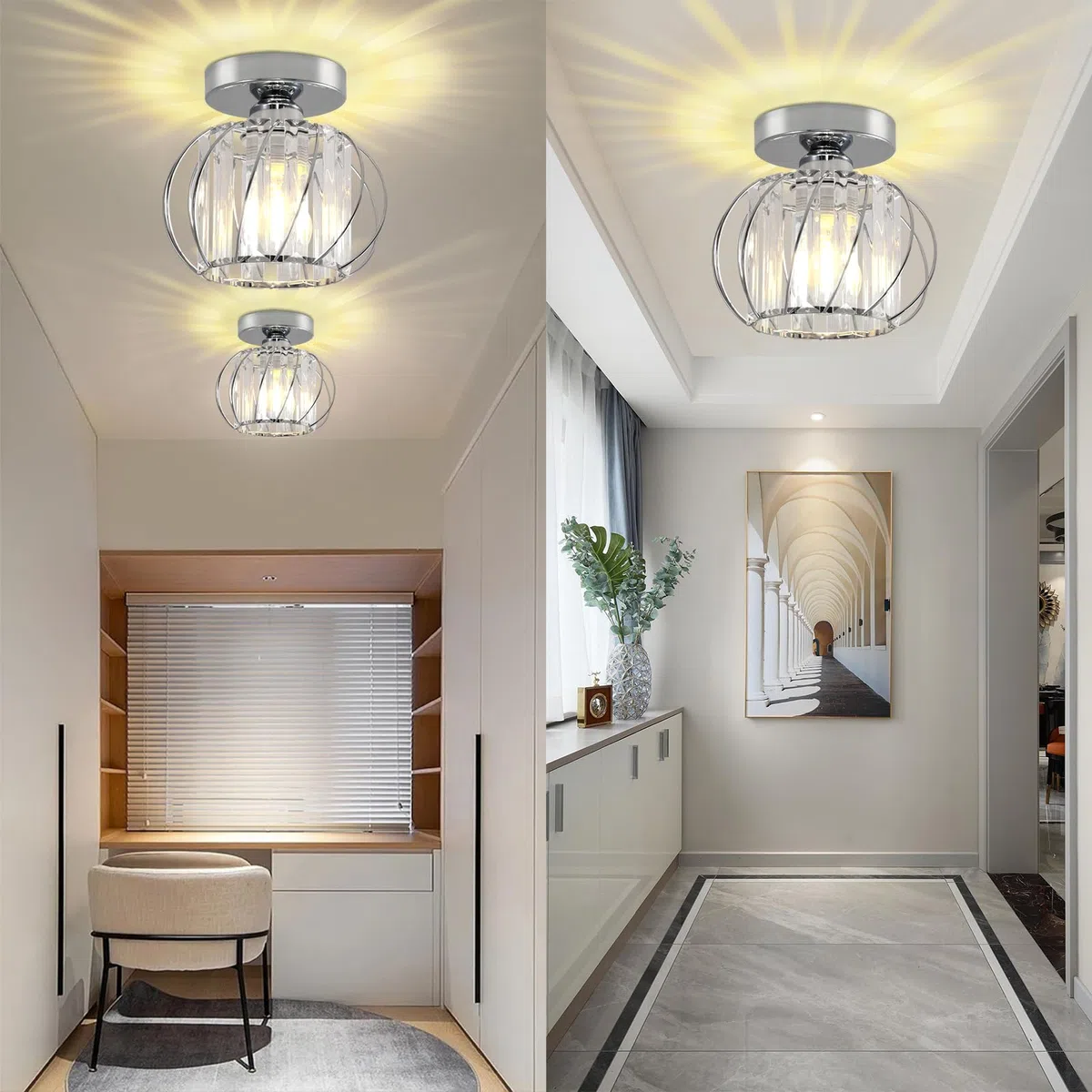 Kristall Deckenleuchte, Moderne Kristall Kronleuchter Silber, Semi Unterputz Deckenleuchte mit Glas Lampenschirm für Wohnzimmer, Schlafzimmer, Küche, Esszimmer, Flur, Badezimmer, Foyer, Bar