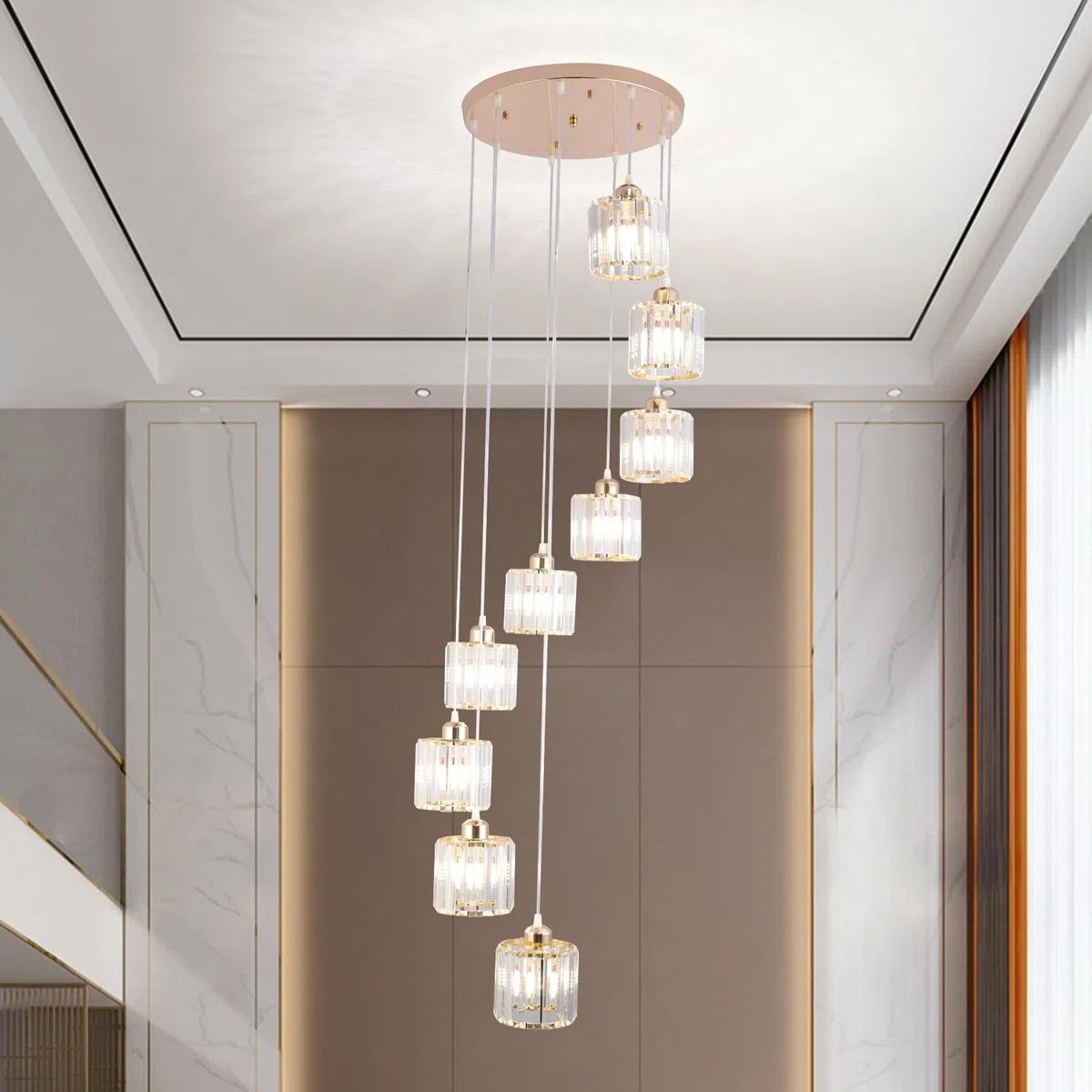 Hohe Decken Lange Kronleuchter Moderne Kristall-Pendelleuchte Raindrop Drop Lampe Hängende Kronleuchter Deckeneinbauleuchten für Treppenhaus, Foyer, Eingangsbereich Gold 9 Leuchten