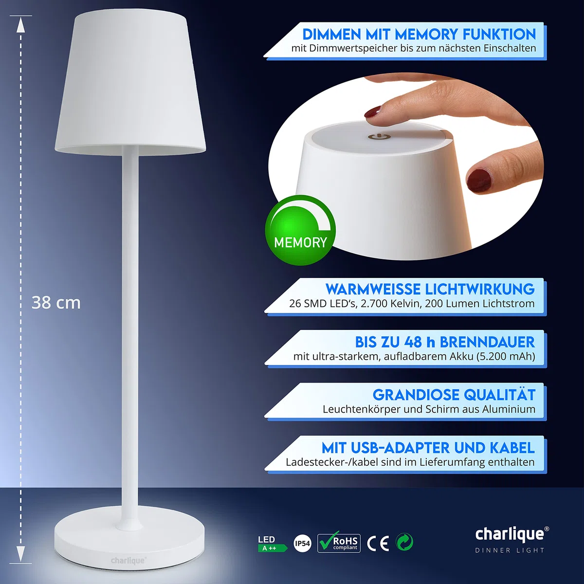 LED Akku Tischleuchte kabellos 2er Set weiß 38 cm dimmbar Alu